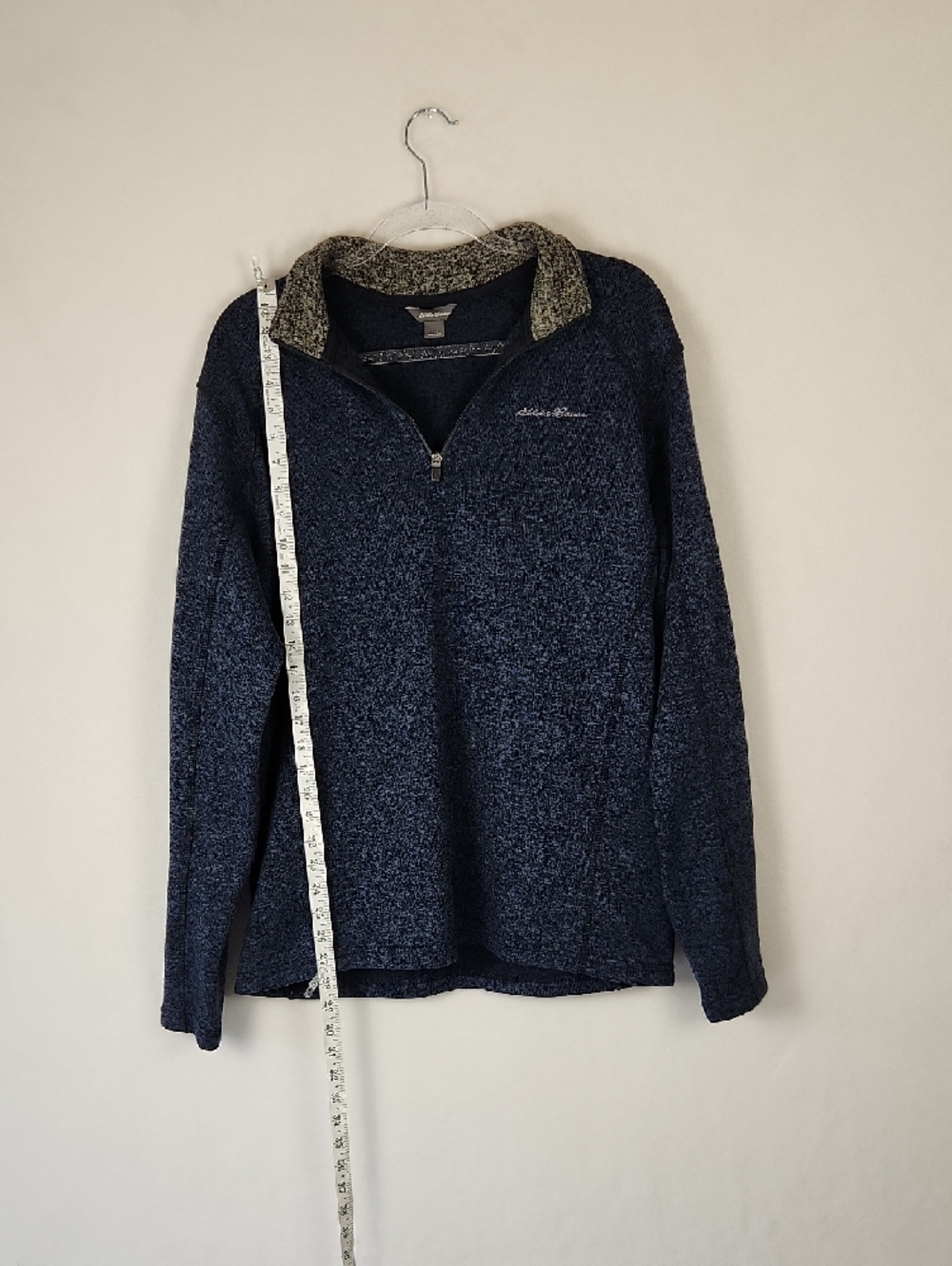 Eddie Bauer Men's L Quarter Zip Pullover Heather Navy Blue with Gray Collar - Picture 5 of 16